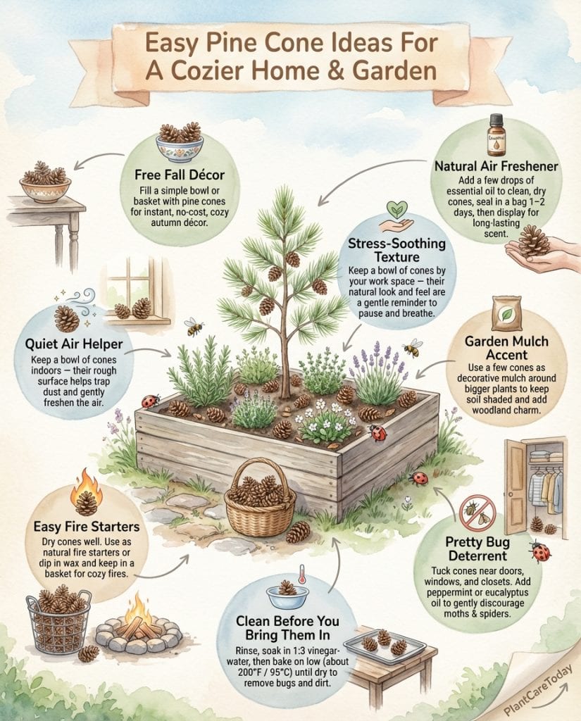 Infographic showing five practical uses for pine cones with illustrated examples and preparation steps
