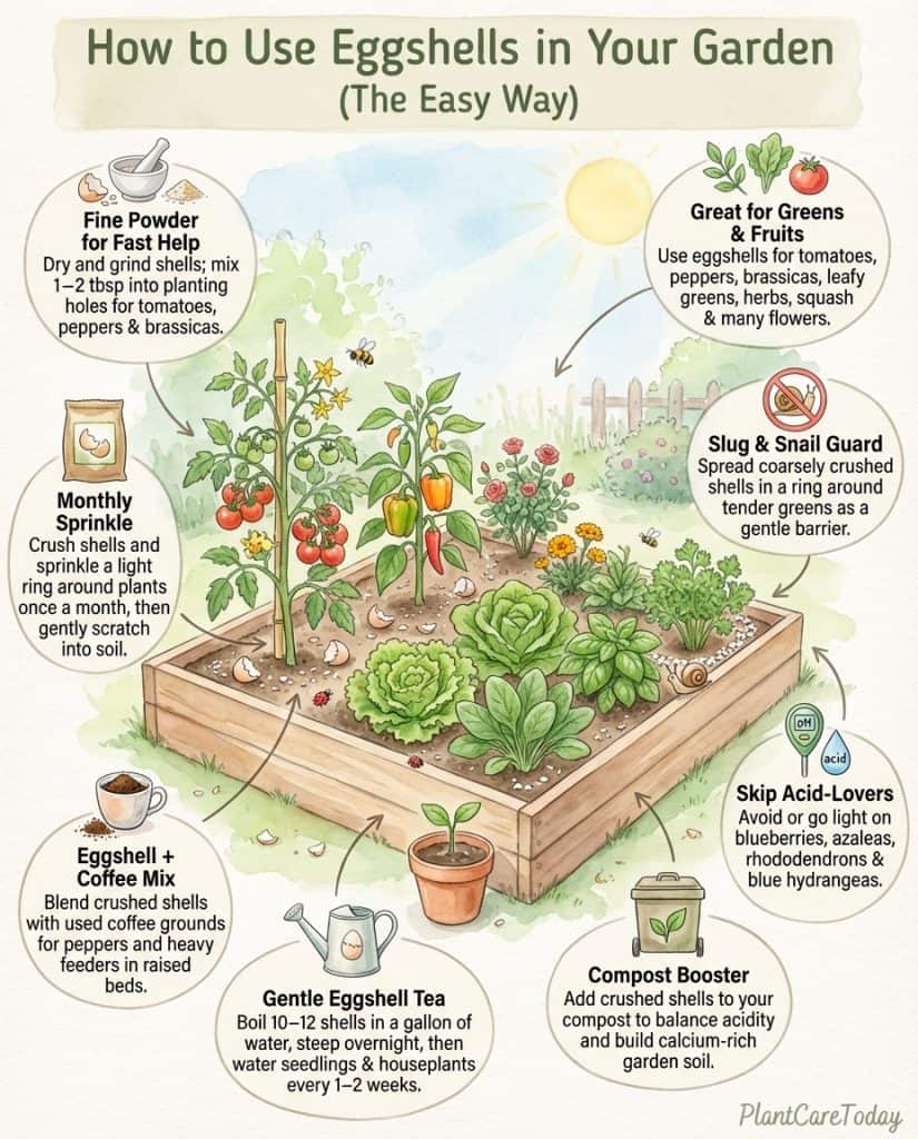 Infographic demonstrating eggshell preparation methods for tomato calcium deficiency treatment