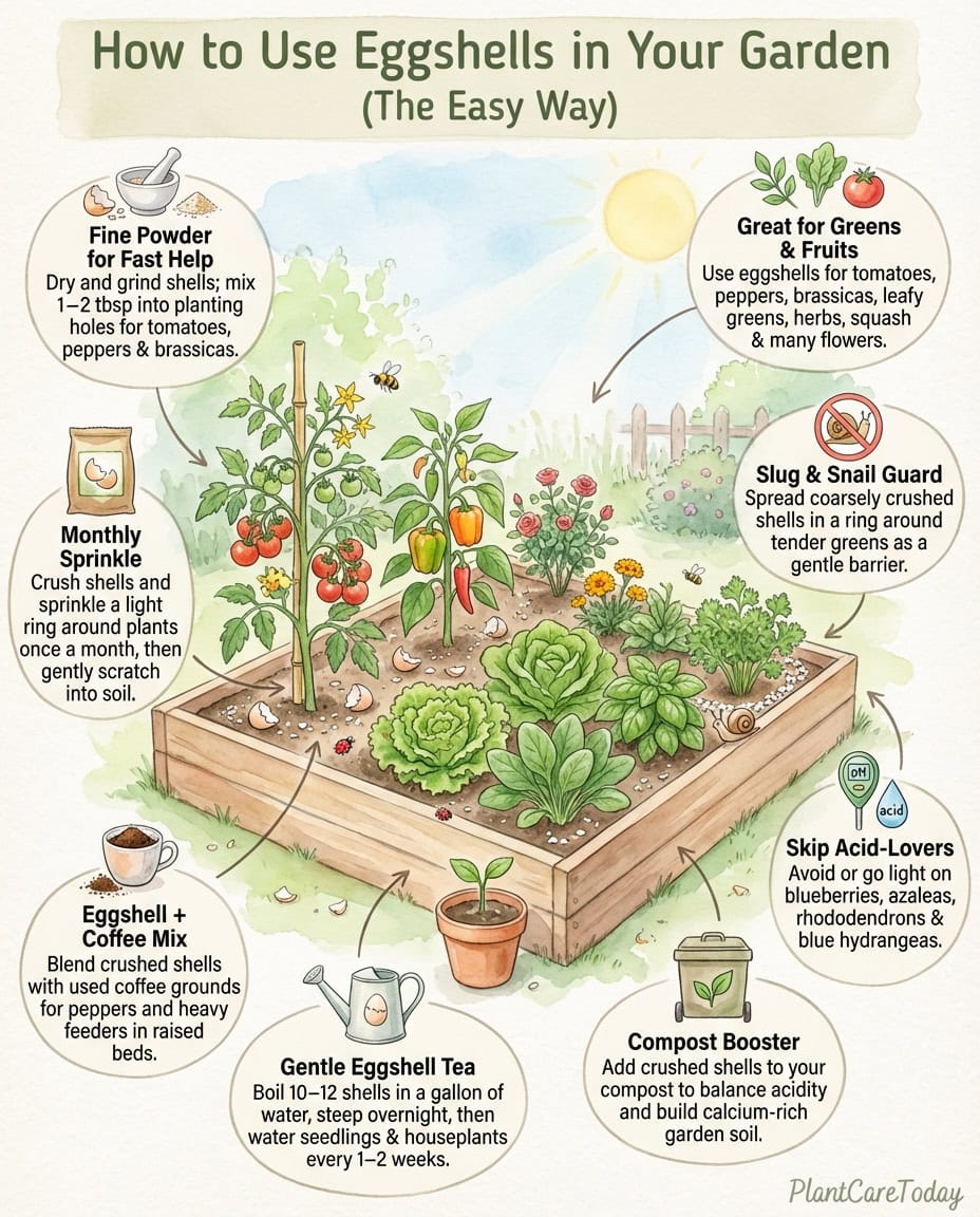 Infographic demonstrating eggshell preparation methods for tomato calcium deficiency treatment