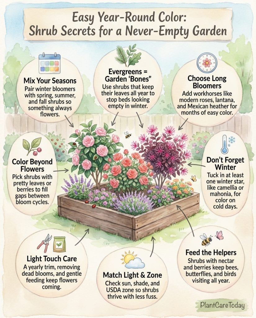 Infographic showing shrub selection guide for year-round garden color with seasonal bloom timeline