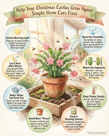 Infographic showing Christmas cactus growth problems with diagnostic chart and care adjustment solutions