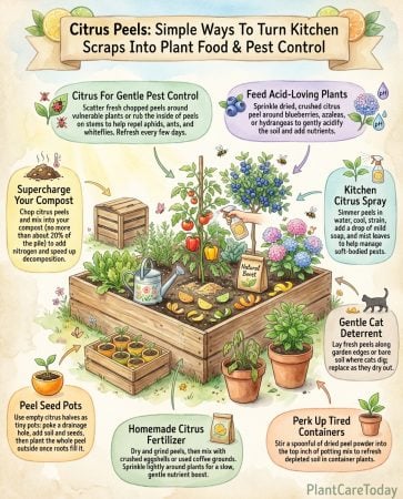 Infographic showing multiple citrus peel uses in gardening with application methods and plant examples