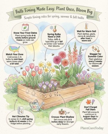 Infographic showing spring bulb planting timeline with temperature zones and optimal planting windows