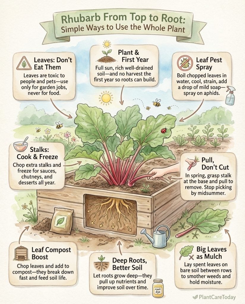 Rhubarb leaf uses infographic showing multiple repurposing methods for garden and compost applications