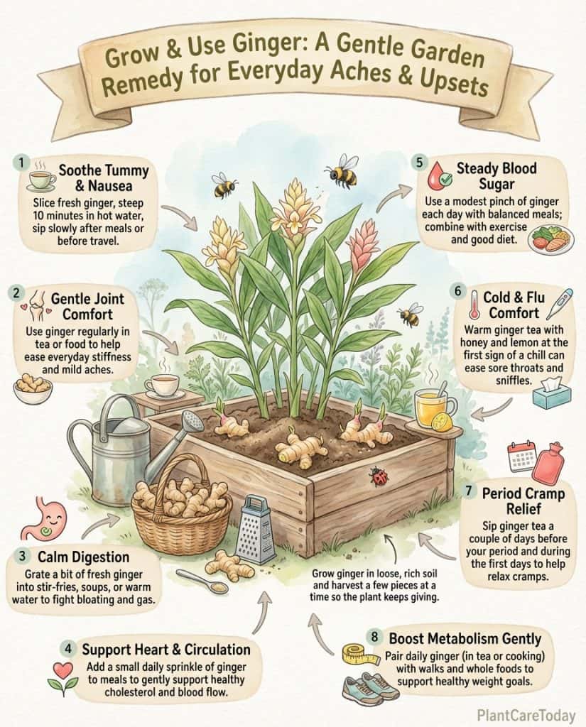 Ginger root health benefits infographic showing medicinal uses and preparation methods