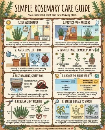Rosemary care infographic showing growing conditions and watering methods for long-term plant health