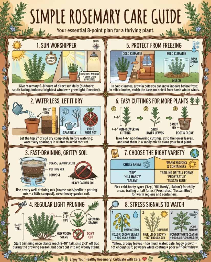 Rosemary care infographic showing growing conditions and watering methods for long-term plant health