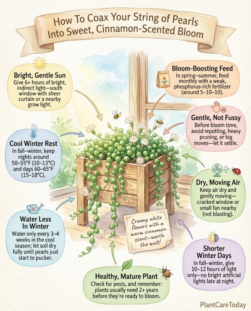String of Pearls infographic showing bloom conditions and care strategies for indoor flowering success