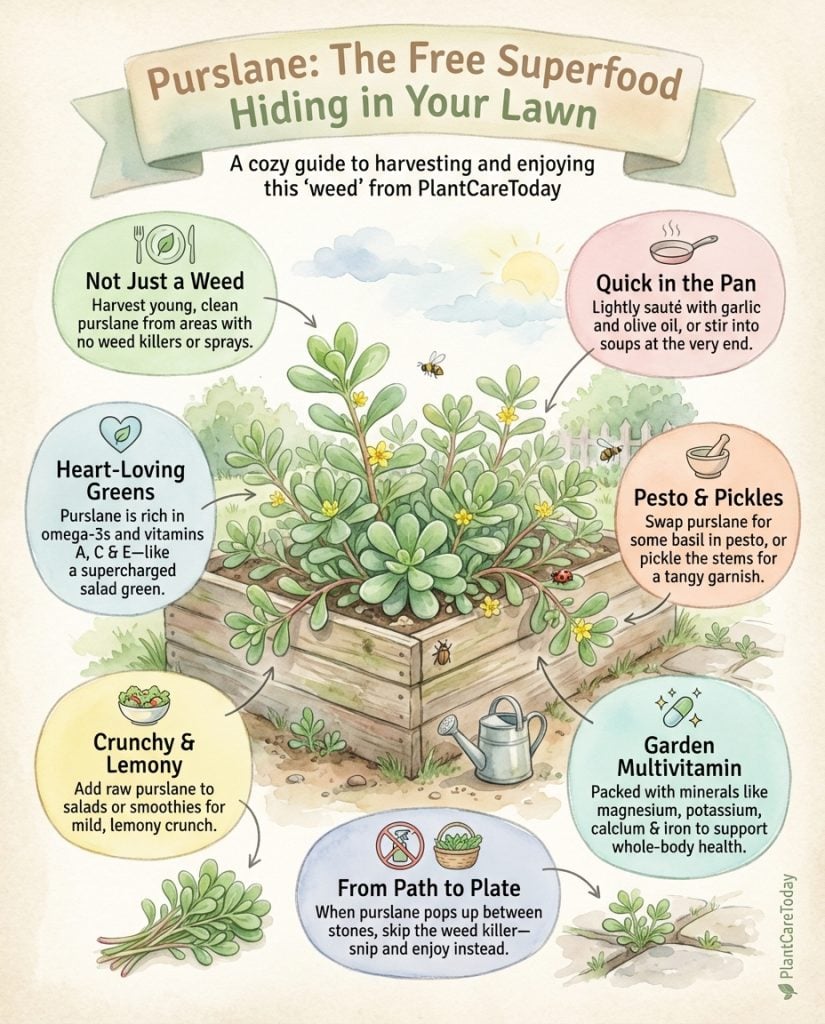 Purslane identification infographic showing plant characteristics and nutritional benefits comparison chart