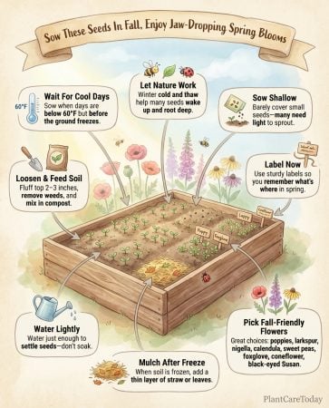 Infographic displaying 14 fall-sown flower varieties with planting timing and frost tolerance details