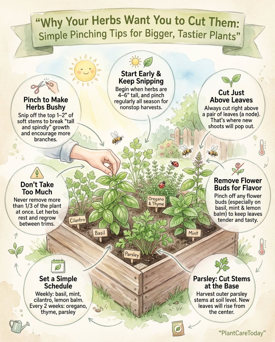 Herb pruning infographic showing cutting techniques for bushier growth with illustrated examples