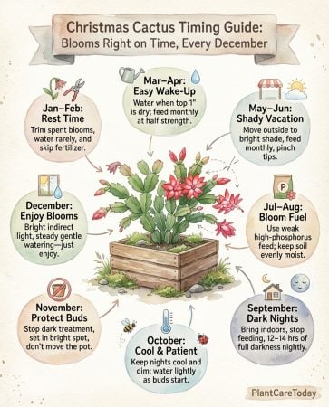 Christmas Cactus care infographic with month-by-month calendar showing seasonal care timing requirements