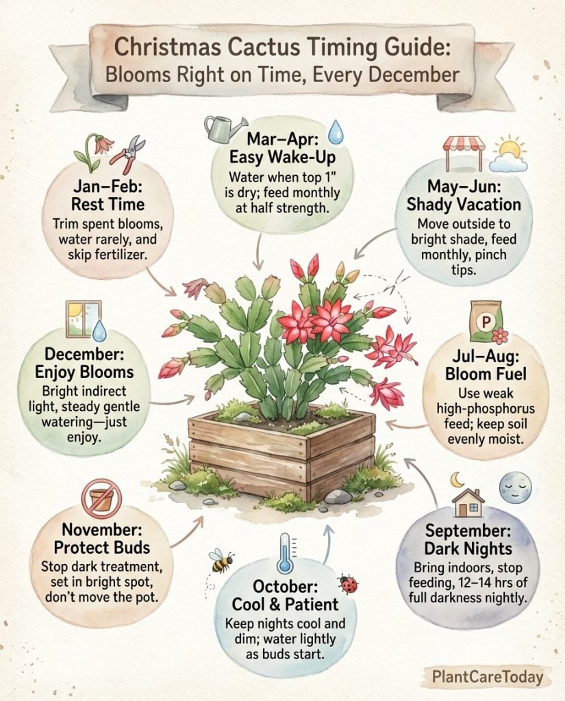 Christmas Cactus care infographic with month-by-month calendar showing seasonal care timing requirements