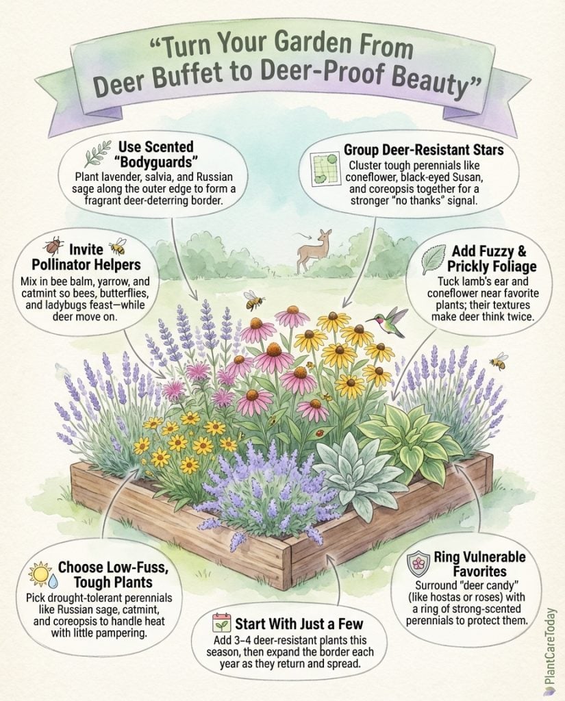 Infographic displaying 14 deer-resistant perennials with plant photos and key characteristics