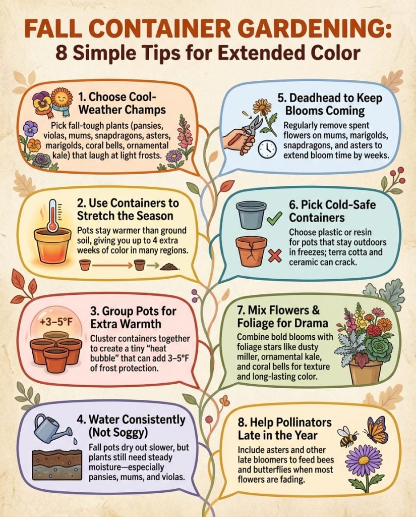 Infographic displaying nine cold-tolerant flowers for fall container gardening with planting tips