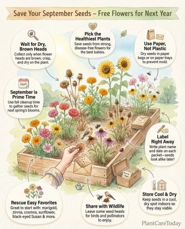 Infographic displaying ten flower varieties for September seed collection with harvest timing