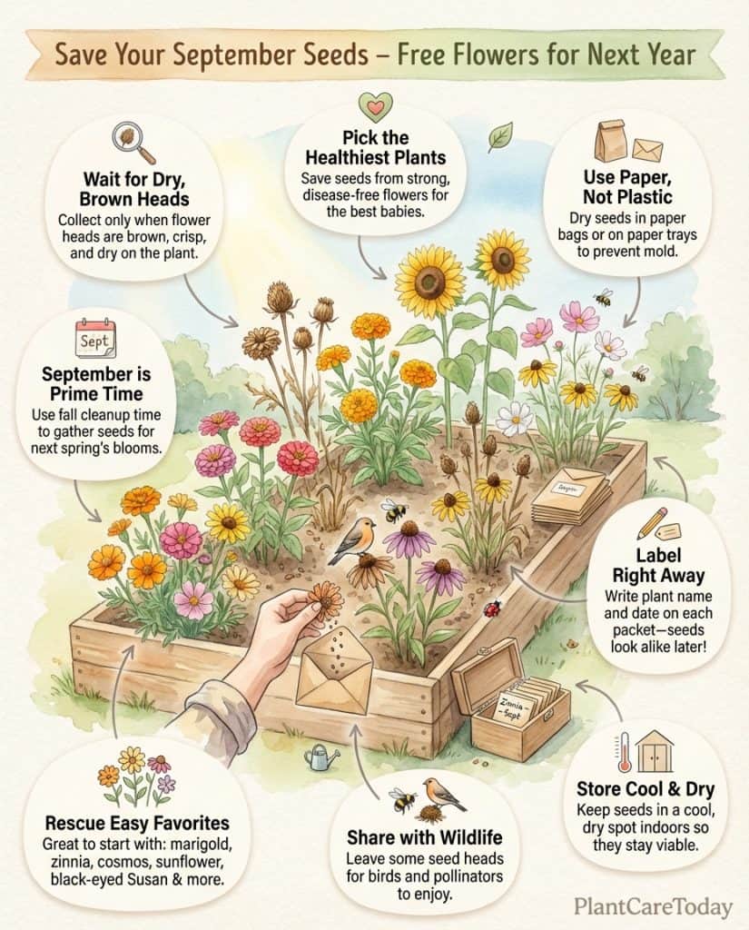 Infographic displaying ten flower varieties for September seed collection with harvest timing