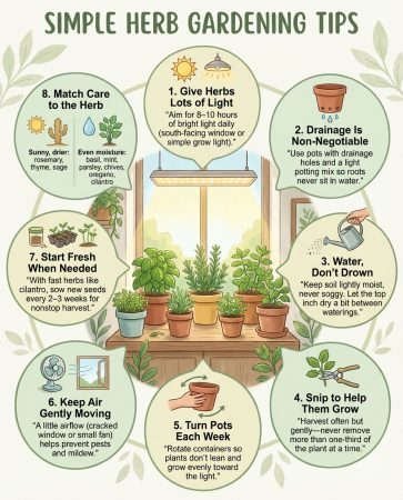 Infographic showing indoor winter herb growing setup with three essential care requirements illustrated
