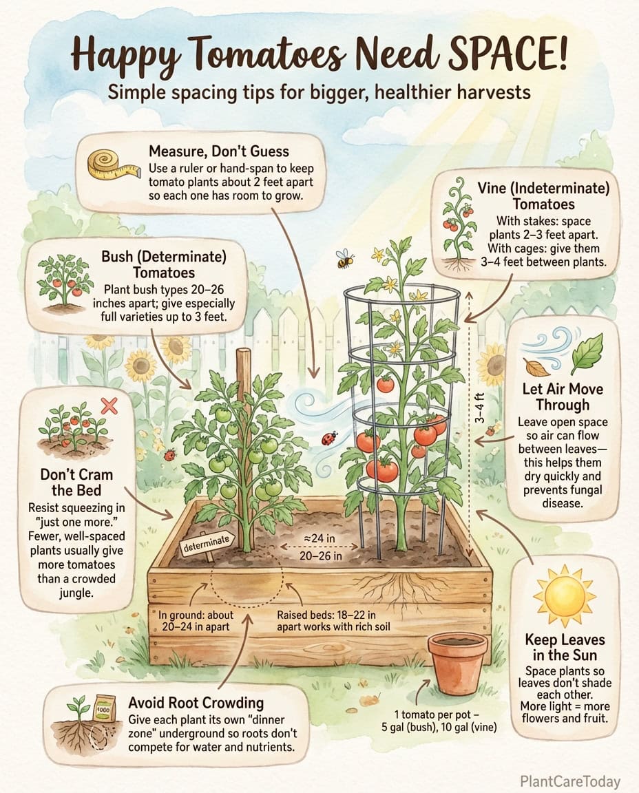 Tomato plant spacing infographic showing recommended distances for different varieties and growing methods