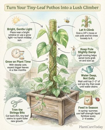 Pothos care infographic showing leaf size comparison and growth habit corrections with visual examples