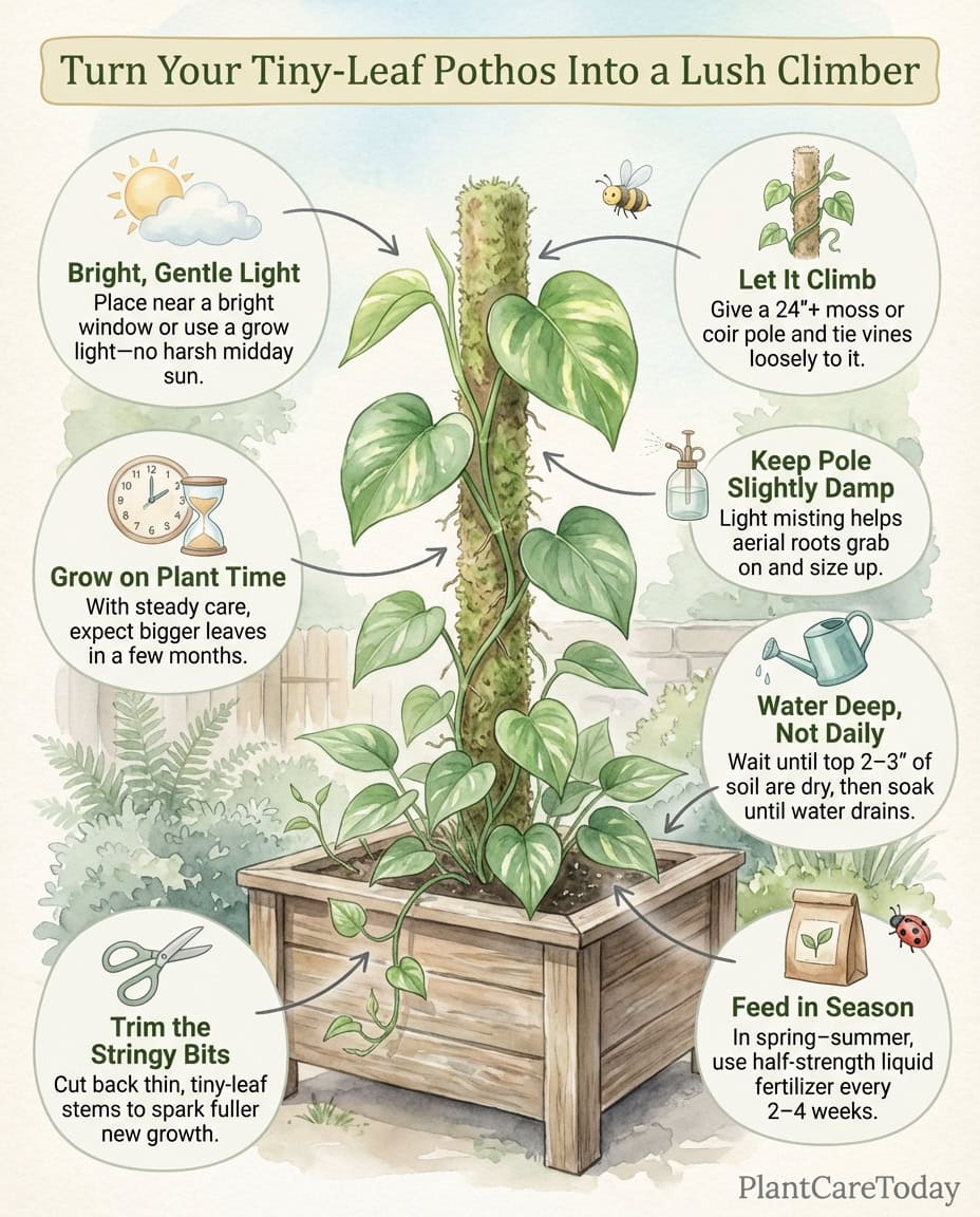 Pothos care infographic showing leaf size comparison and growth habit corrections with visual examples
