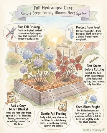 Infographic showing hydrangea pruning mistakes with stem diagrams highlighting hidden flower buds