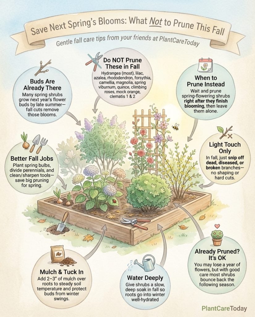 Infographic showing fall pruning guidelines for flowering shrubs with timing charts and bud formation stages