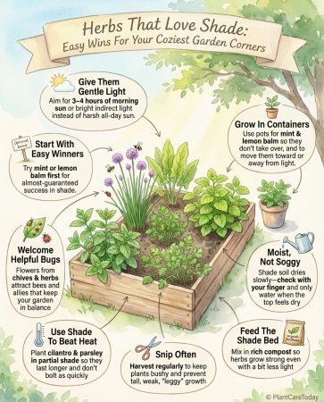 Shade-tolerant herb infographic showing nine herb varieties with growing conditions and results