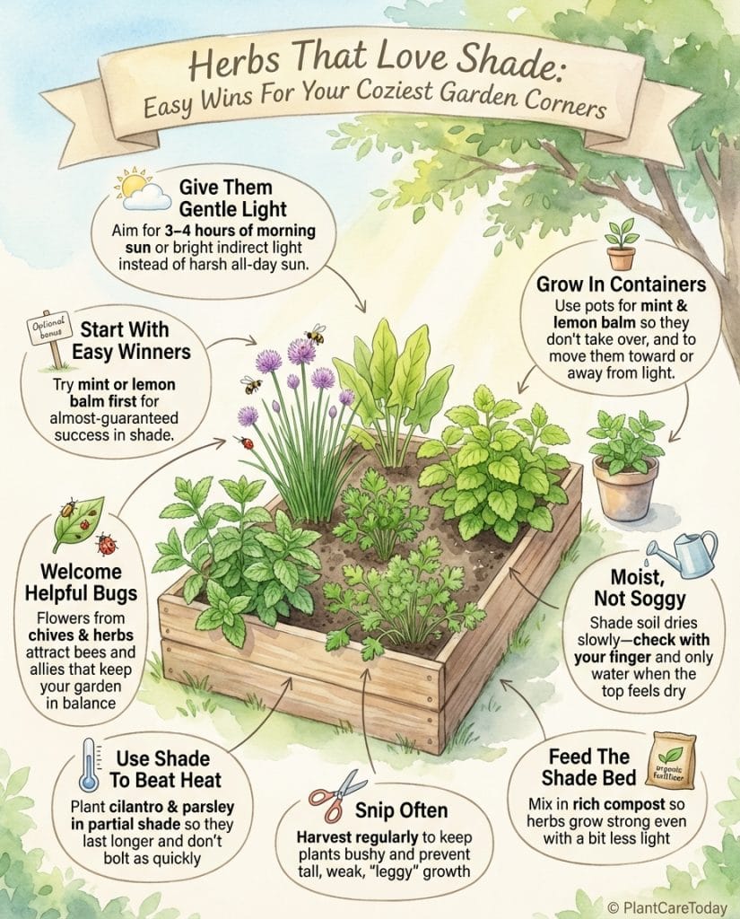 Shade-tolerant herb infographic showing nine herb varieties with growing conditions and results