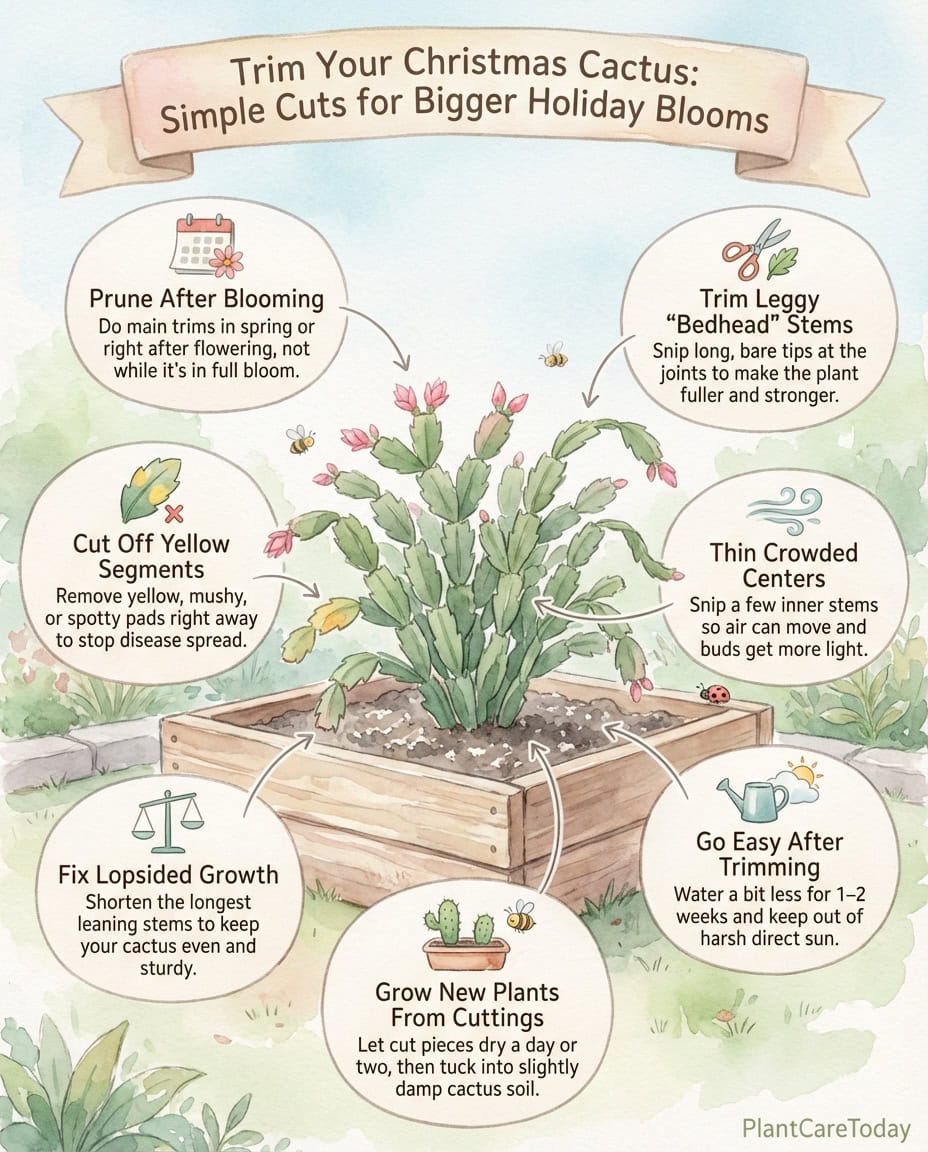 Infographic showing seven warning signs that a Christmas cactus needs pruning with visual examples