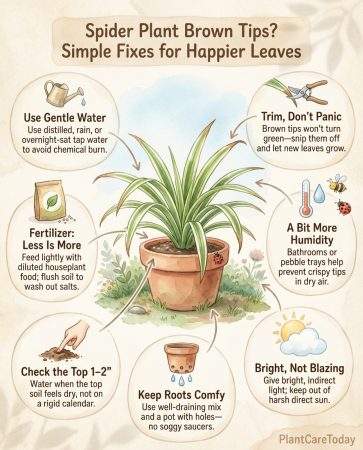 Infographic showing three main causes of spider plant brown tips with visual problem indicators