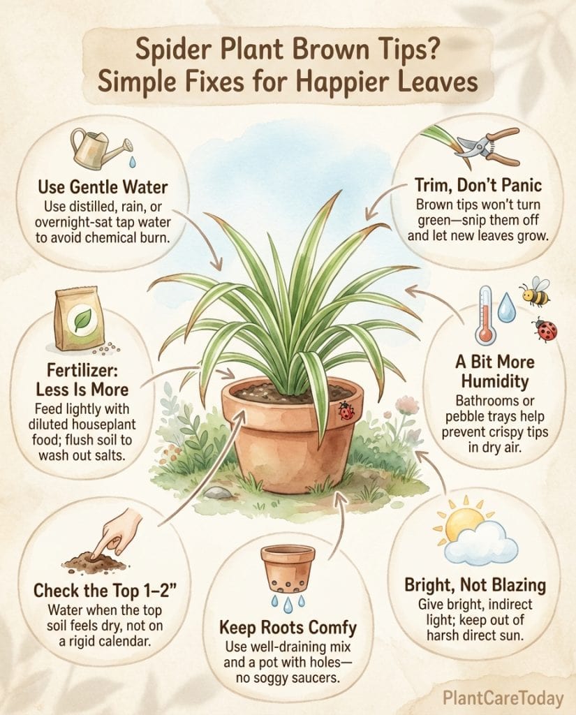 Infographic showing three main causes of spider plant brown tips with visual problem indicators