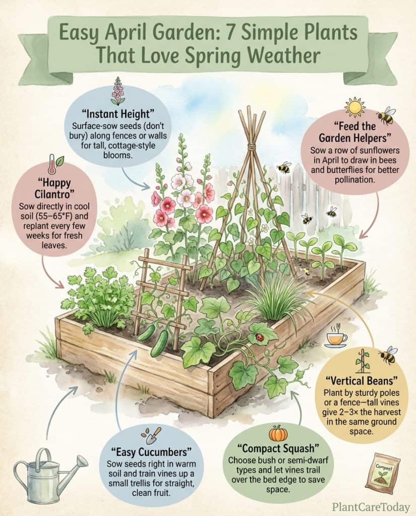 Infographic showing cilantro seed preparation method and nine April planting options with spacing tips