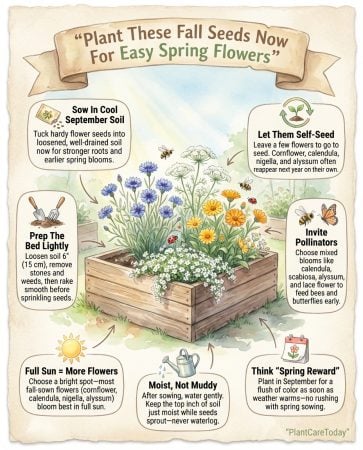 Fall flower seed planting infographic showing germination timeline and root development stages
