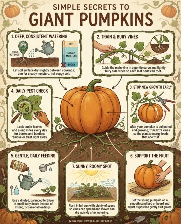 Infographic showing giant pumpkin growing techniques with watering schedules and vine training diagrams