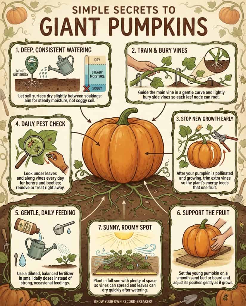 Infographic showing giant pumpkin growing techniques with watering schedules and vine training diagrams