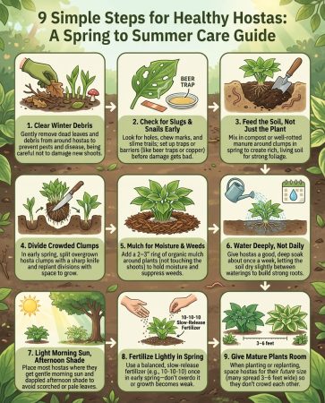 Infographic displaying spring hosta care checklist with slug prevention and maintenance tasks