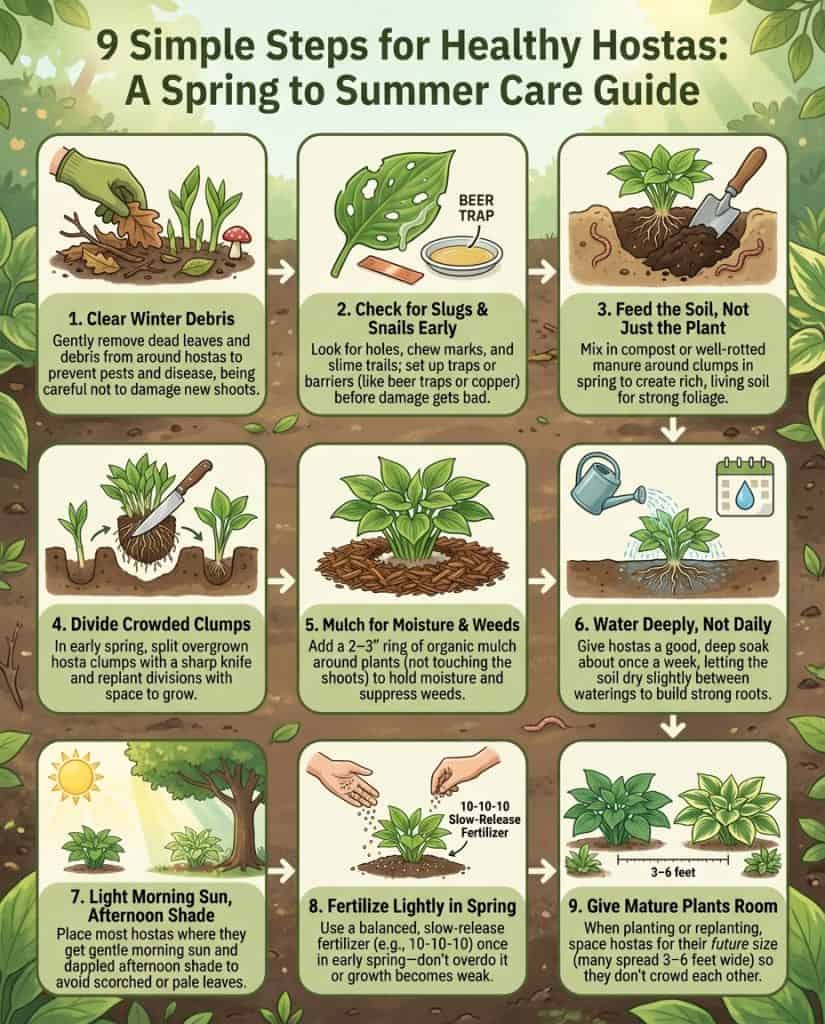 Infographic displaying spring hosta care checklist with slug prevention and maintenance tasks