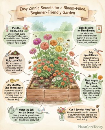 Zinnia growing infographic showing planting steps and care requirements with colorful bloom examples