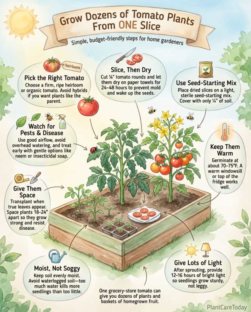 Infographic demonstrating tomato seed saving technique using grocery store tomatoes with step illustrations