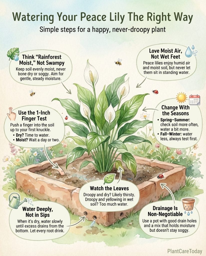 Peace lily watering infographic showing soil moisture indicators and proper watering techniques