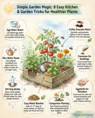 Infographic showing eggshell water preparation method and calcium benefits for tomato plants