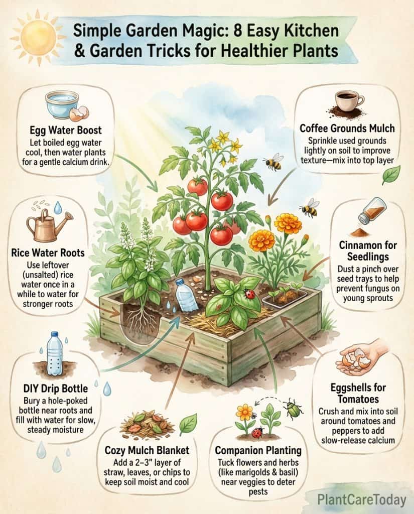 Infographic showing eggshell water preparation method and calcium benefits for tomato plants