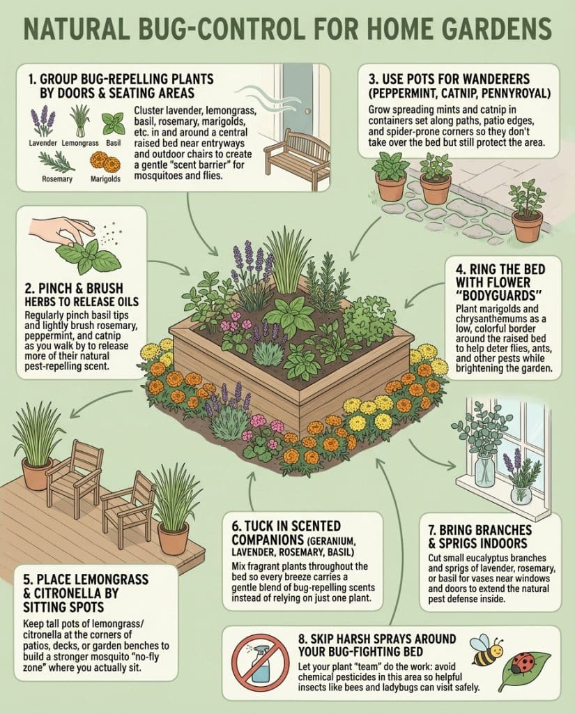 Infographic displaying 12 mosquito-repelling plants including catnip with visual identification guide