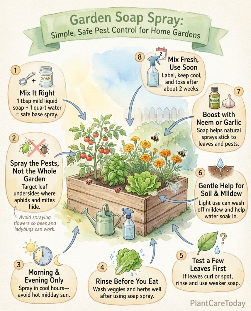 Infographic showing homemade aphid spray recipe with mixing ratios and tomato plant application steps