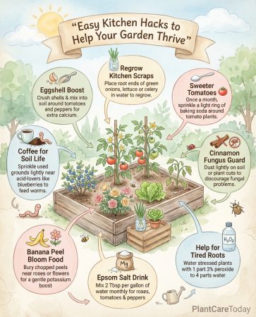 Infographic displaying kitchen waste items used as natural garden remedies with application methods