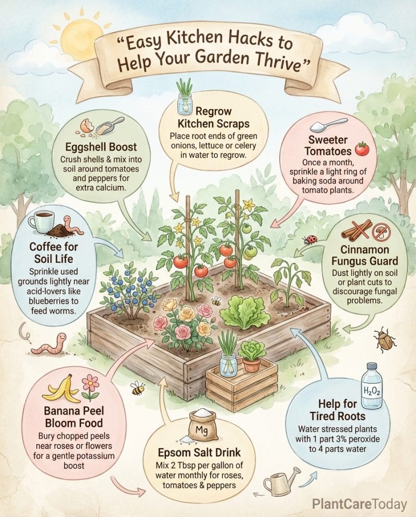 Infographic displaying kitchen waste items used as natural garden remedies with application methods