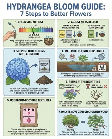 Hydrangea care infographic showing three common mistakes with pruning techniques and soil pH information