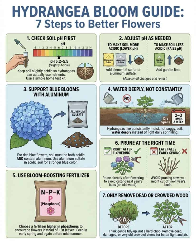 Hydrangea care infographic showing three common mistakes with pruning techniques and soil pH information