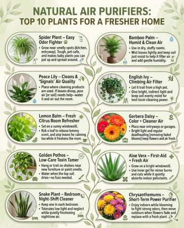 Infographic displaying ten air-purifying houseplants with toxin removal data and care details